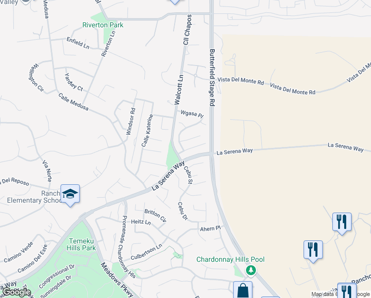 map of restaurants, bars, coffee shops, grocery stores, and more near 40016 Ashville Lane in Temecula