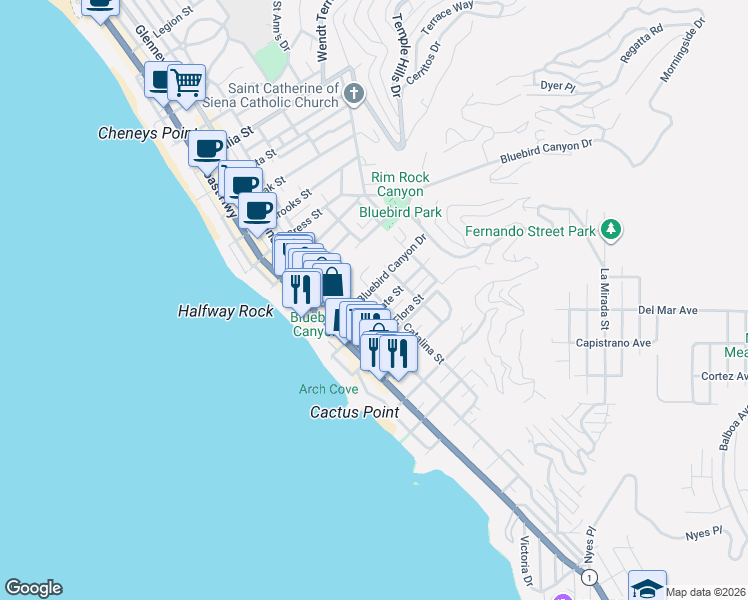 map of restaurants, bars, coffee shops, grocery stores, and more near 379 Bluebird Canyon Drive in Laguna Beach