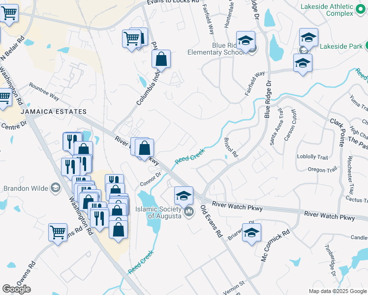 map of restaurants, bars, coffee shops, grocery stores, and more near 4361 River Watch Parkway in Evans