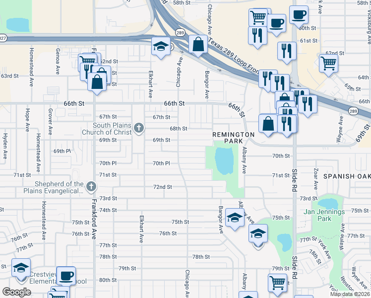 map of restaurants, bars, coffee shops, grocery stores, and more near 5424 70th Street in Lubbock