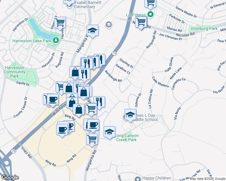map of restaurants, bars, coffee shops, grocery stores, and more near 27512 Stanford Drive in Temecula