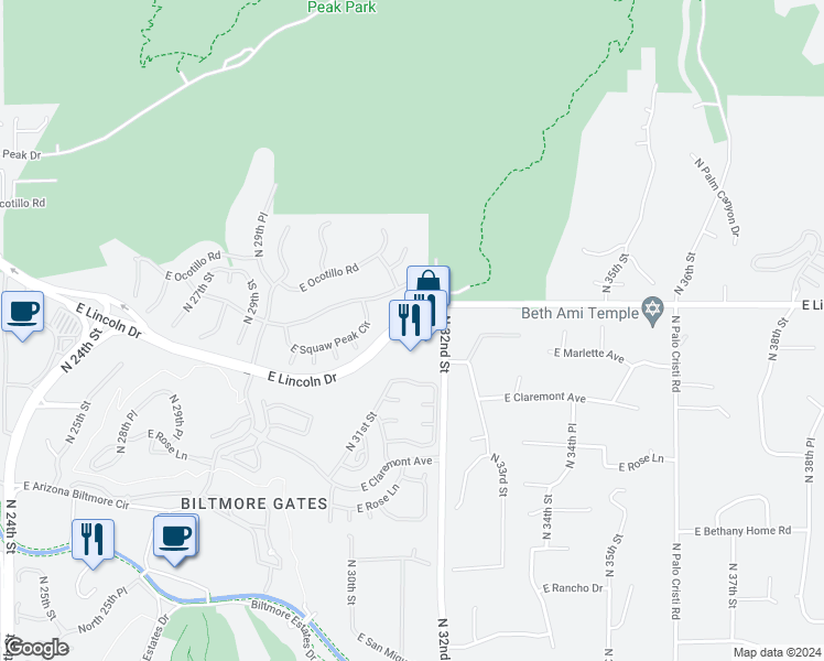 map of restaurants, bars, coffee shops, grocery stores, and more near 3131 East Lincoln Drive in Phoenix