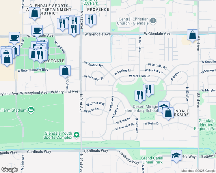 map of restaurants, bars, coffee shops, grocery stores, and more near 8927 West Sierra Vista Drive in Glendale