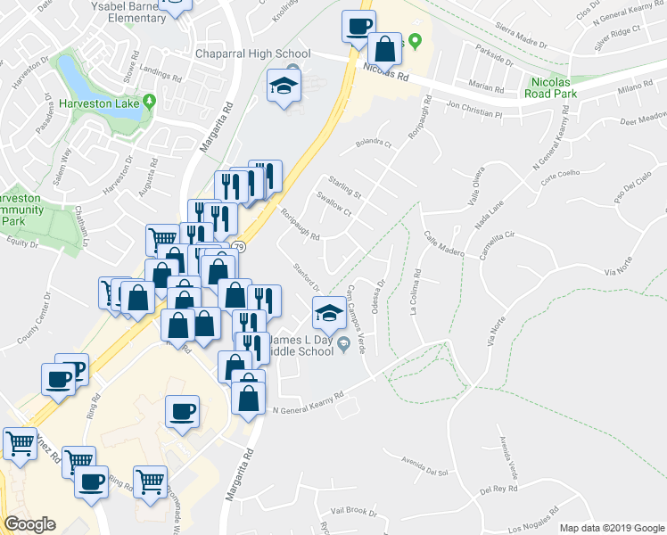 map of restaurants, bars, coffee shops, grocery stores, and more near 40250 Mimulus Way in Temecula