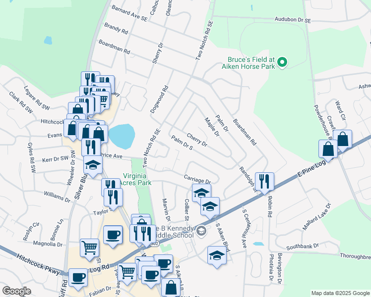 map of restaurants, bars, coffee shops, grocery stores, and more near 523 Palm Drive South in Aiken