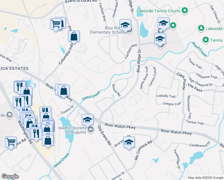 map of restaurants, bars, coffee shops, grocery stores, and more near 412 Bristol Road in Martinez