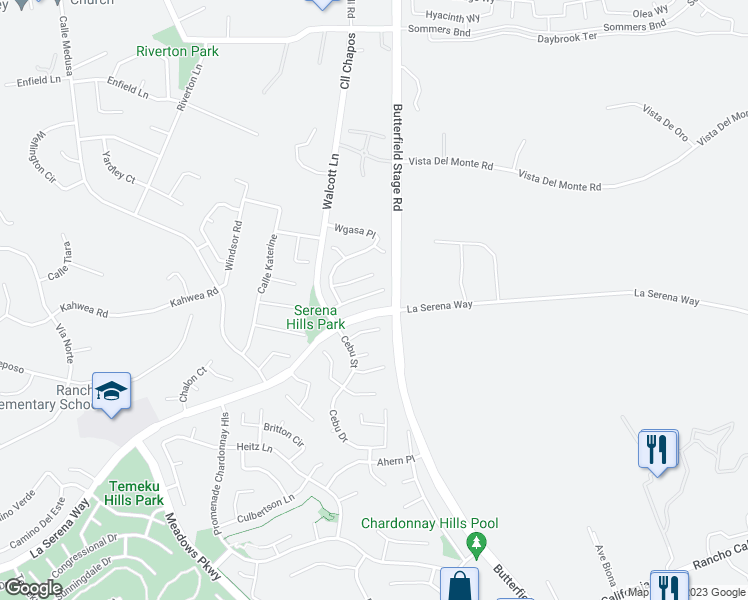 map of restaurants, bars, coffee shops, grocery stores, and more near 31967 Luzon Street in Temecula