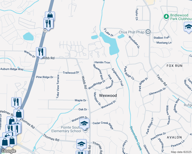 map of restaurants, bars, coffee shops, grocery stores, and more near 8190 Winewood Court in Riverdale