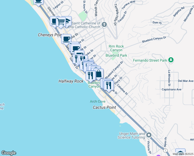 map of restaurants, bars, coffee shops, grocery stores, and more near 1559 Glenneyre Street in Laguna Beach