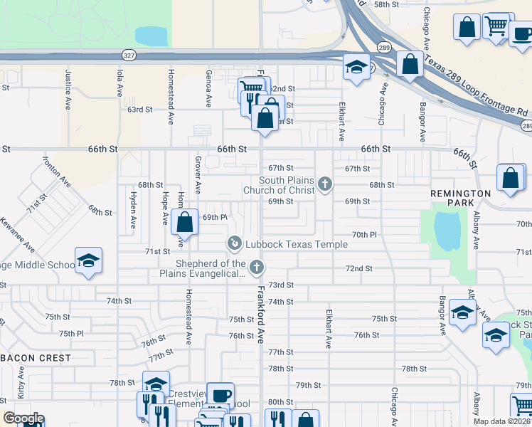 map of restaurants, bars, coffee shops, grocery stores, and more near 6907 Freeport Avenue in Lubbock