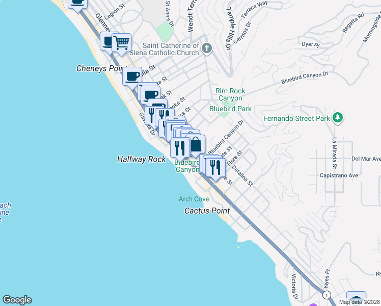 map of restaurants, bars, coffee shops, grocery stores, and more near 237 Calliope Street in Laguna Beach