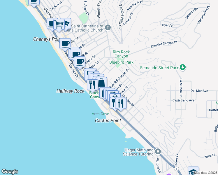 map of restaurants, bars, coffee shops, grocery stores, and more near 336 Bluebird Canyon Drive in Laguna Beach