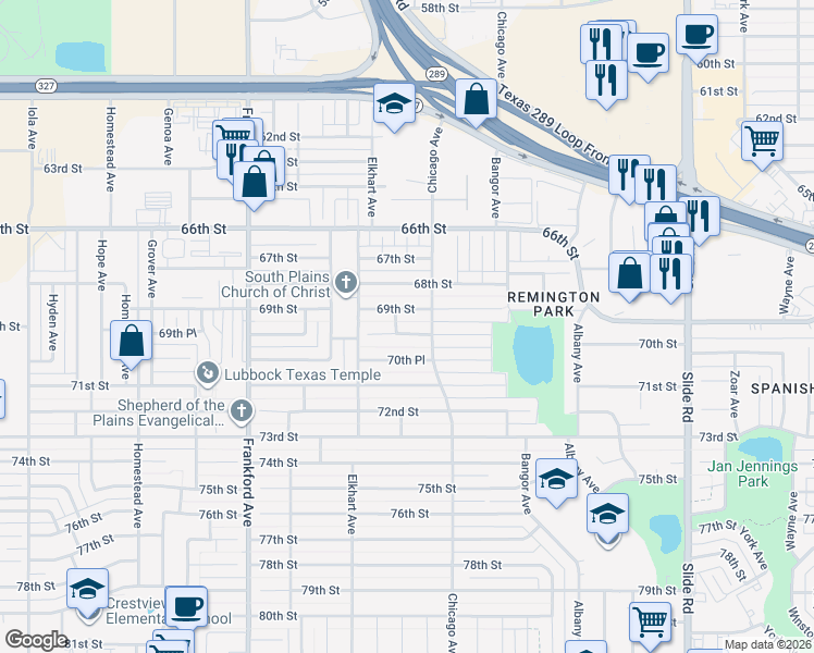 map of restaurants, bars, coffee shops, grocery stores, and more near 5510 Dover Avenue in Lubbock