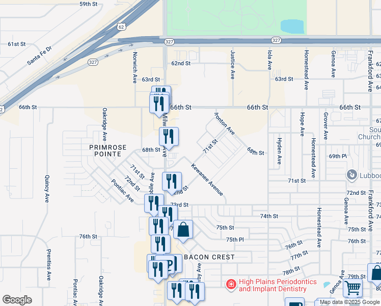 map of restaurants, bars, coffee shops, grocery stores, and more near 7021 Kewanee Avenue in Lubbock