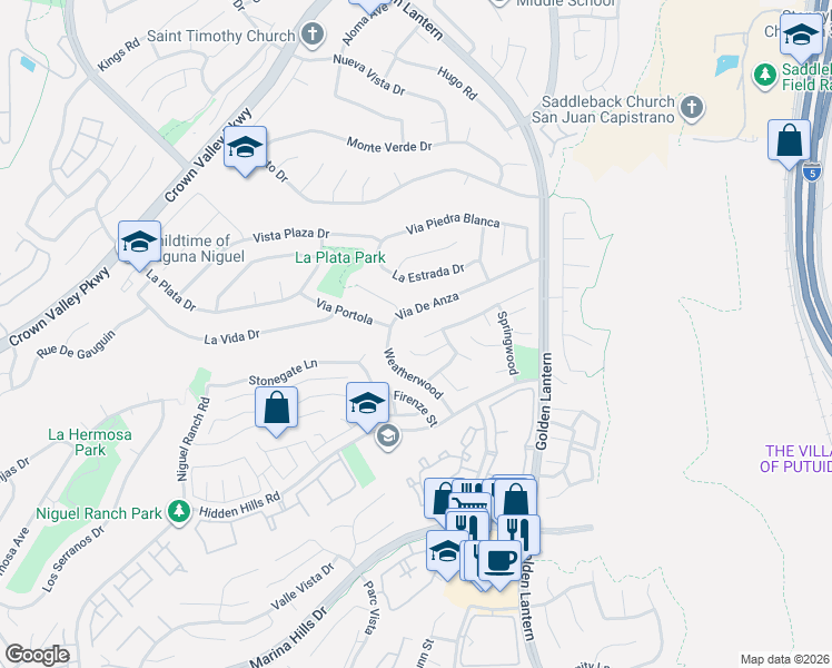 map of restaurants, bars, coffee shops, grocery stores, and more near 25201 Spindlewood in Laguna Niguel