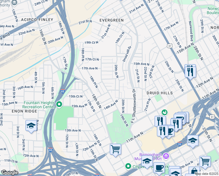map of restaurants, bars, coffee shops, grocery stores, and more near 1509 19th Street North in Birmingham