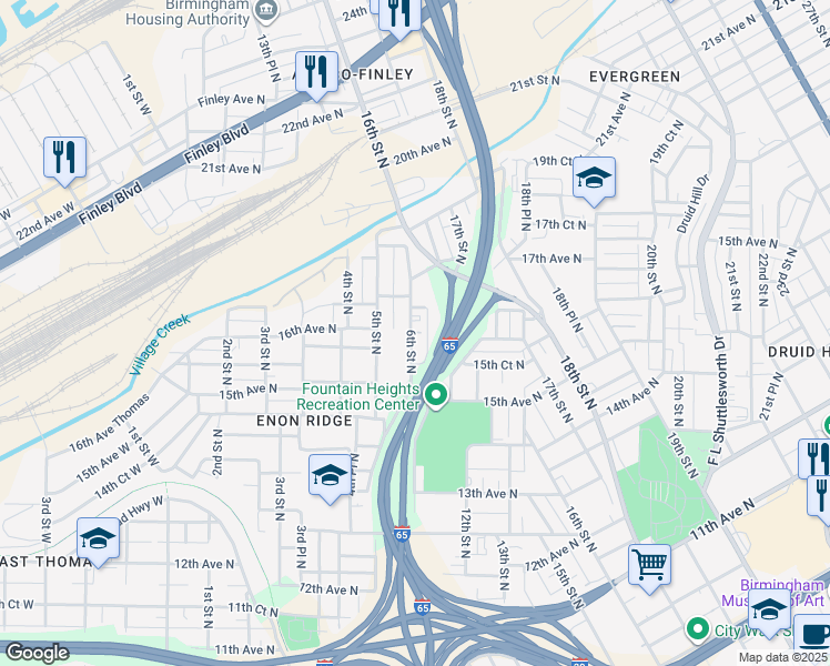 map of restaurants, bars, coffee shops, grocery stores, and more near 1601 6th Street North in Birmingham