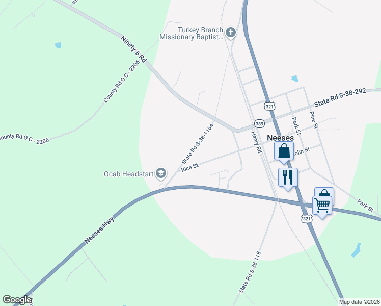 map of restaurants, bars, coffee shops, grocery stores, and more near State Road S-38-1164 in Neeses