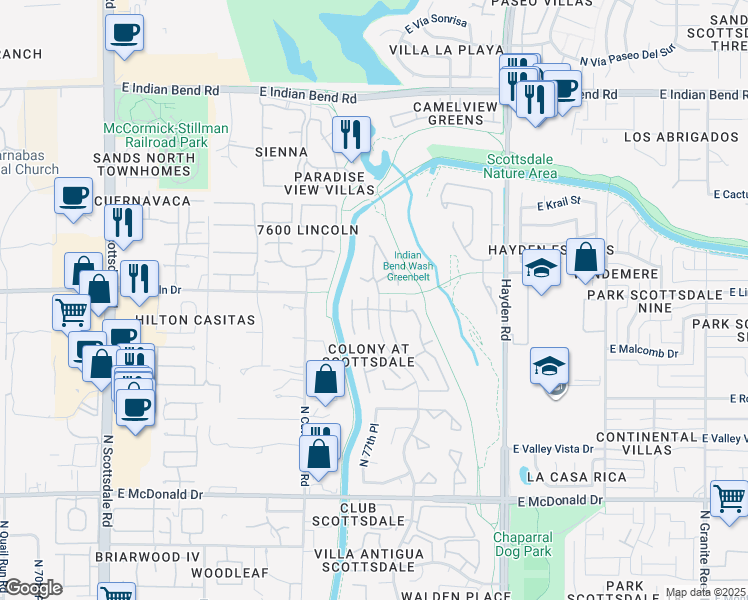 map of restaurants, bars, coffee shops, grocery stores, and more near 6461 North 77th Place in Scottsdale