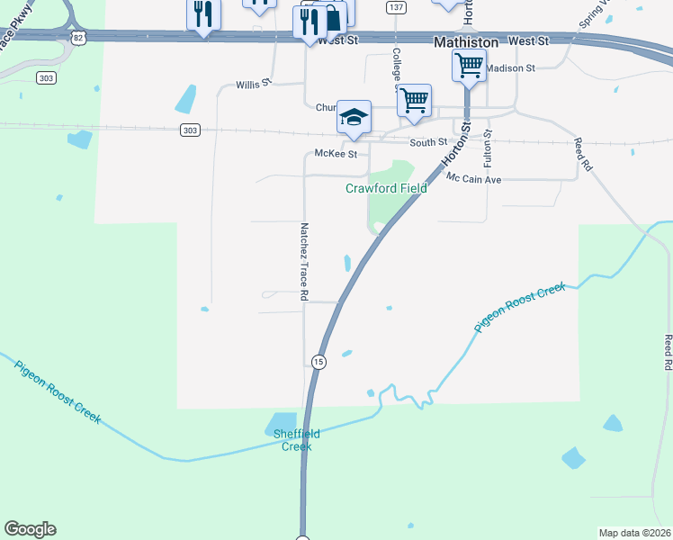 map of restaurants, bars, coffee shops, grocery stores, and more near 24225 Mississippi 15 in Mathiston