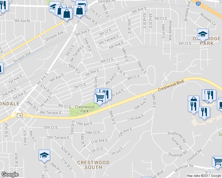 map of restaurants, bars, coffee shops, grocery stores, and more near 5600 8th Court South in Birmingham