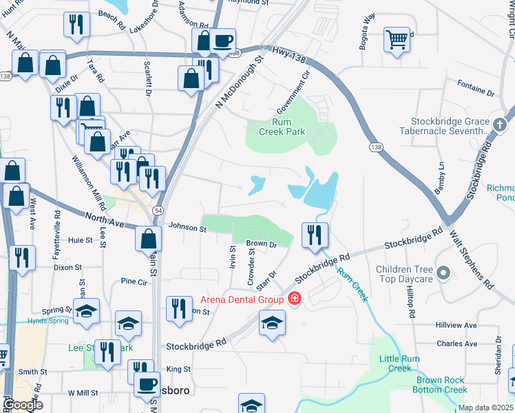 map of restaurants, bars, coffee shops, grocery stores, and more near 118 Ingleside Drive in Jonesboro