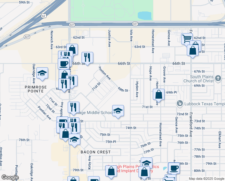 map of restaurants, bars, coffee shops, grocery stores, and more near 6107 72nd Place in Lubbock