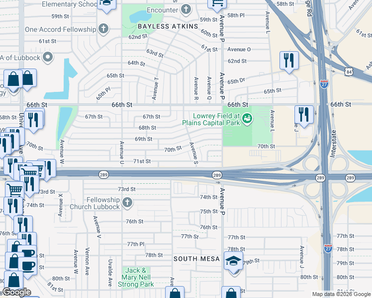 map of restaurants, bars, coffee shops, grocery stores, and more near 1901 70th Street in Lubbock