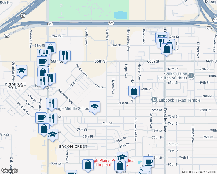 map of restaurants, bars, coffee shops, grocery stores, and more near 6831 Iola Avenue in Lubbock