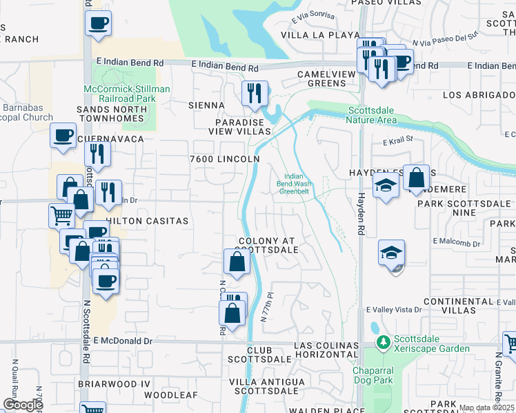 map of restaurants, bars, coffee shops, grocery stores, and more near 6461 North 77th Place in Scottsdale