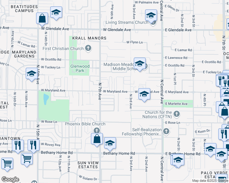 map of restaurants, bars, coffee shops, grocery stores, and more near 499 West Maryland Avenue in Phoenix