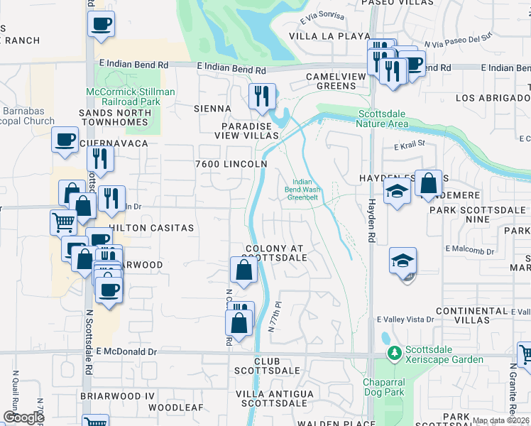 map of restaurants, bars, coffee shops, grocery stores, and more near 6461 North 77th Place in Scottsdale