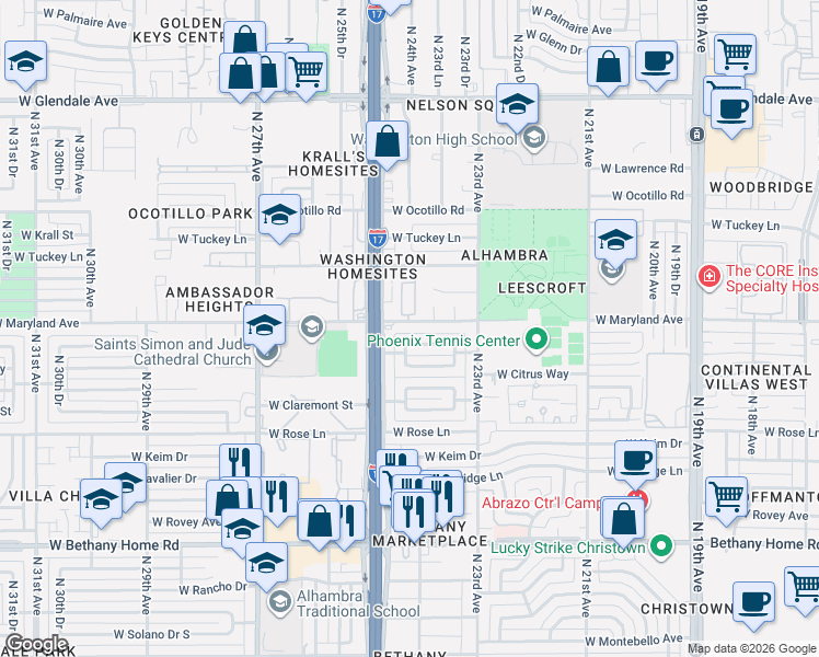 map of restaurants, bars, coffee shops, grocery stores, and more near 2431 West Maryland Avenue in Phoenix