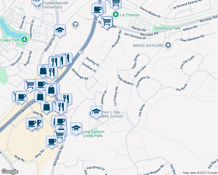 map of restaurants, bars, coffee shops, grocery stores, and more near 40188 Odessa Drive in Temecula