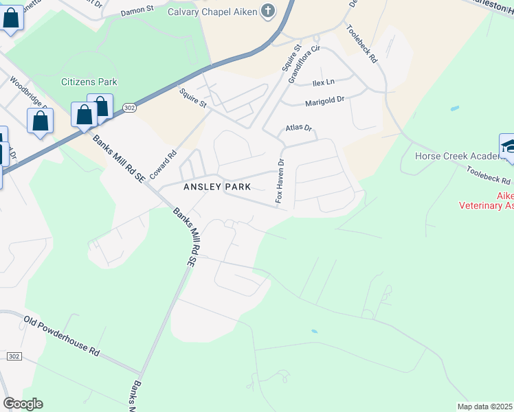 map of restaurants, bars, coffee shops, grocery stores, and more near 194 Fox Haven Drive in Aiken