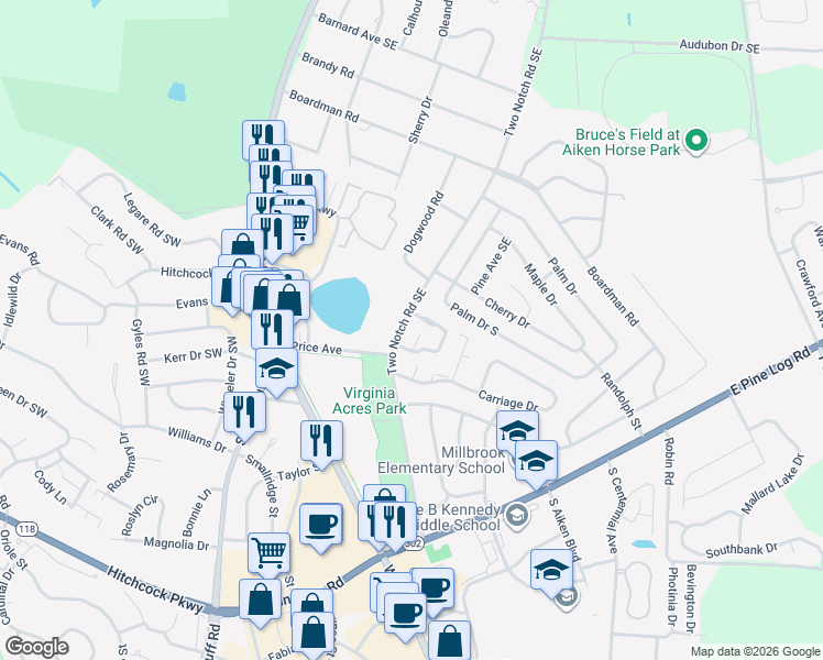 map of restaurants, bars, coffee shops, grocery stores, and more near 1518 Two Notch Road Southeast in Aiken
