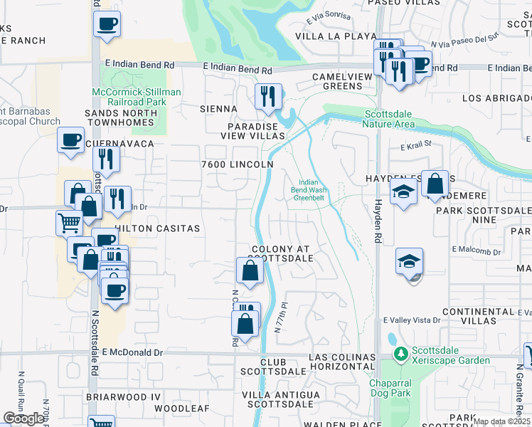 map of restaurants, bars, coffee shops, grocery stores, and more near 6461 North 77th Place in Scottsdale