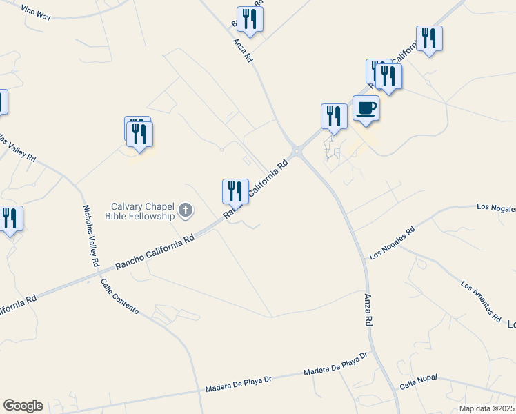 map of restaurants, bars, coffee shops, grocery stores, and more near 2 Rancho California Road in Temecula