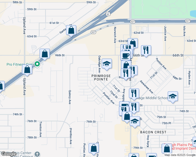 map of restaurants, bars, coffee shops, grocery stores, and more near 6804 Oakridge Avenue in Lubbock