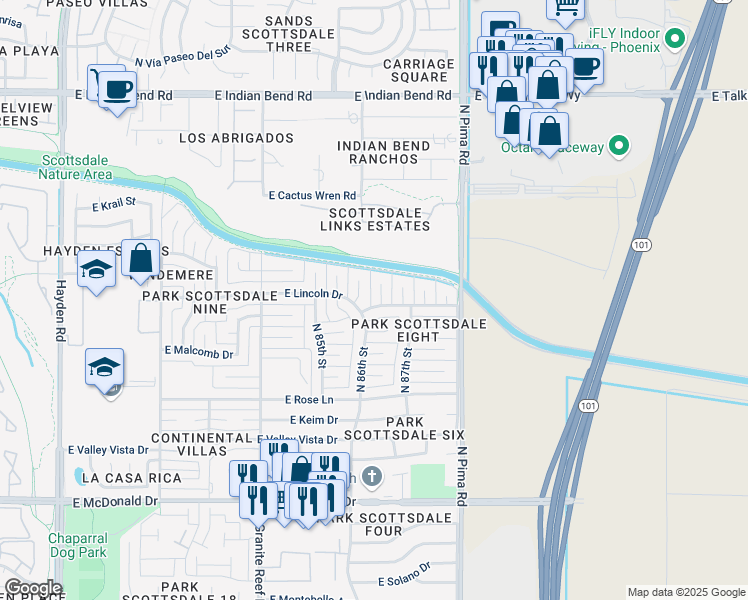 map of restaurants, bars, coffee shops, grocery stores, and more near 8602 East Lincoln Drive in Scottsdale