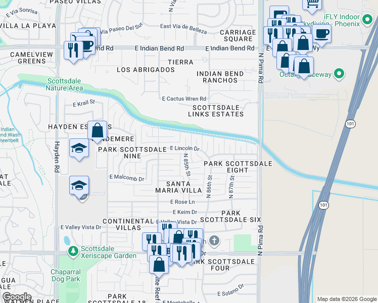 map of restaurants, bars, coffee shops, grocery stores, and more near 6432 North 85th Place in Scottsdale