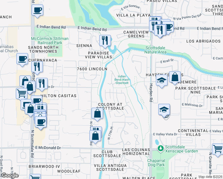map of restaurants, bars, coffee shops, grocery stores, and more near 6461 North 77th Place in Scottsdale