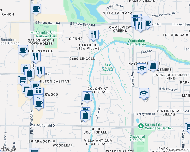 map of restaurants, bars, coffee shops, grocery stores, and more near 6461 North 77th Place in Scottsdale