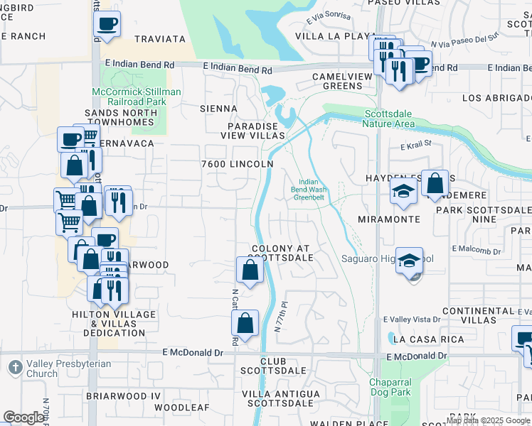 map of restaurants, bars, coffee shops, grocery stores, and more near 6461 North 77th Place in Scottsdale