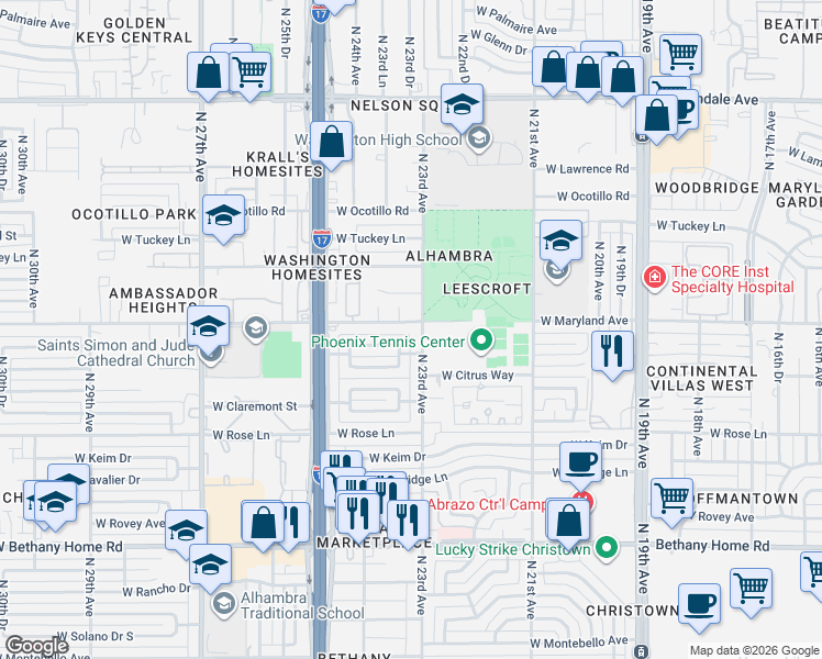 map of restaurants, bars, coffee shops, grocery stores, and more near 6336 North 23rd Avenue in Phoenix