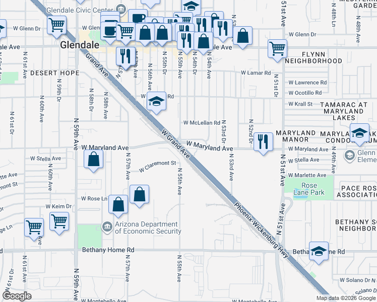 map of restaurants, bars, coffee shops, grocery stores, and more near in Glendale