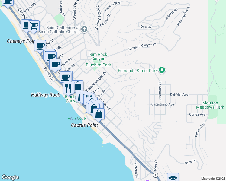 map of restaurants, bars, coffee shops, grocery stores, and more near 570 Center Street in Laguna Beach