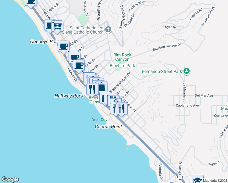 map of restaurants, bars, coffee shops, grocery stores, and more near 379 Bluebird Canyon Drive in Laguna Beach