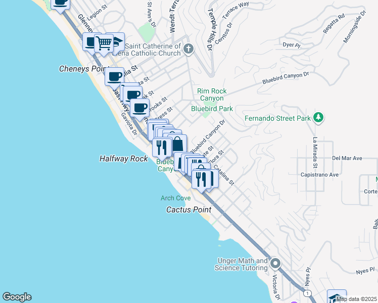 map of restaurants, bars, coffee shops, grocery stores, and more near 379 Bluebird Canyon Drive in Laguna Beach