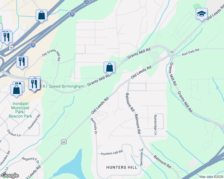map of restaurants, bars, coffee shops, grocery stores, and more near 5650 Old Leeds Road in Irondale